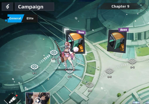 Stage select overview screen, showing a character on chapter 9th of the Aeons Echo campaign