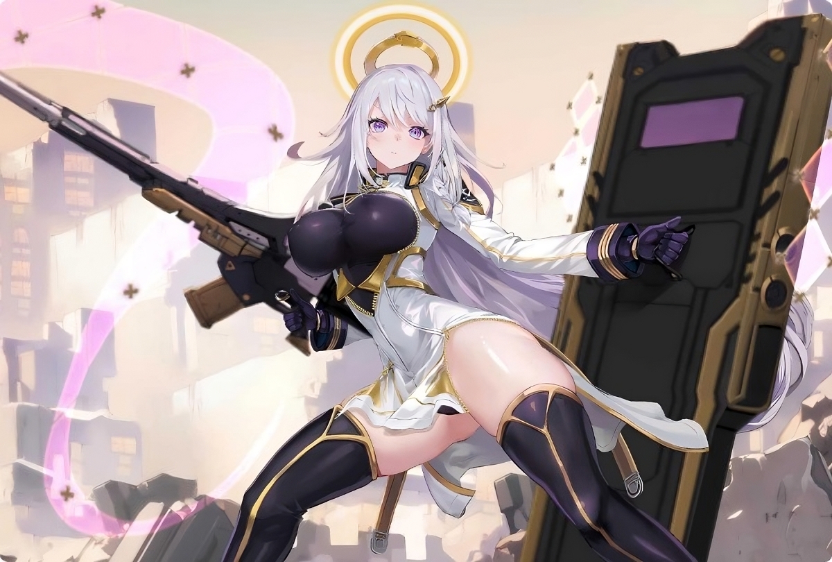 Gray-haired Aeon Athena armed with a sci-fi rifle and ballistic shield in the middle of a battlefield.