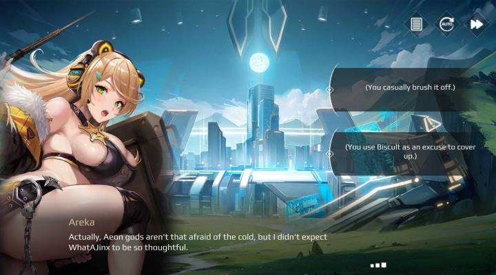 Visual Novel conversation screen showcasing players ability to select one among two different options to proceed the narrative.